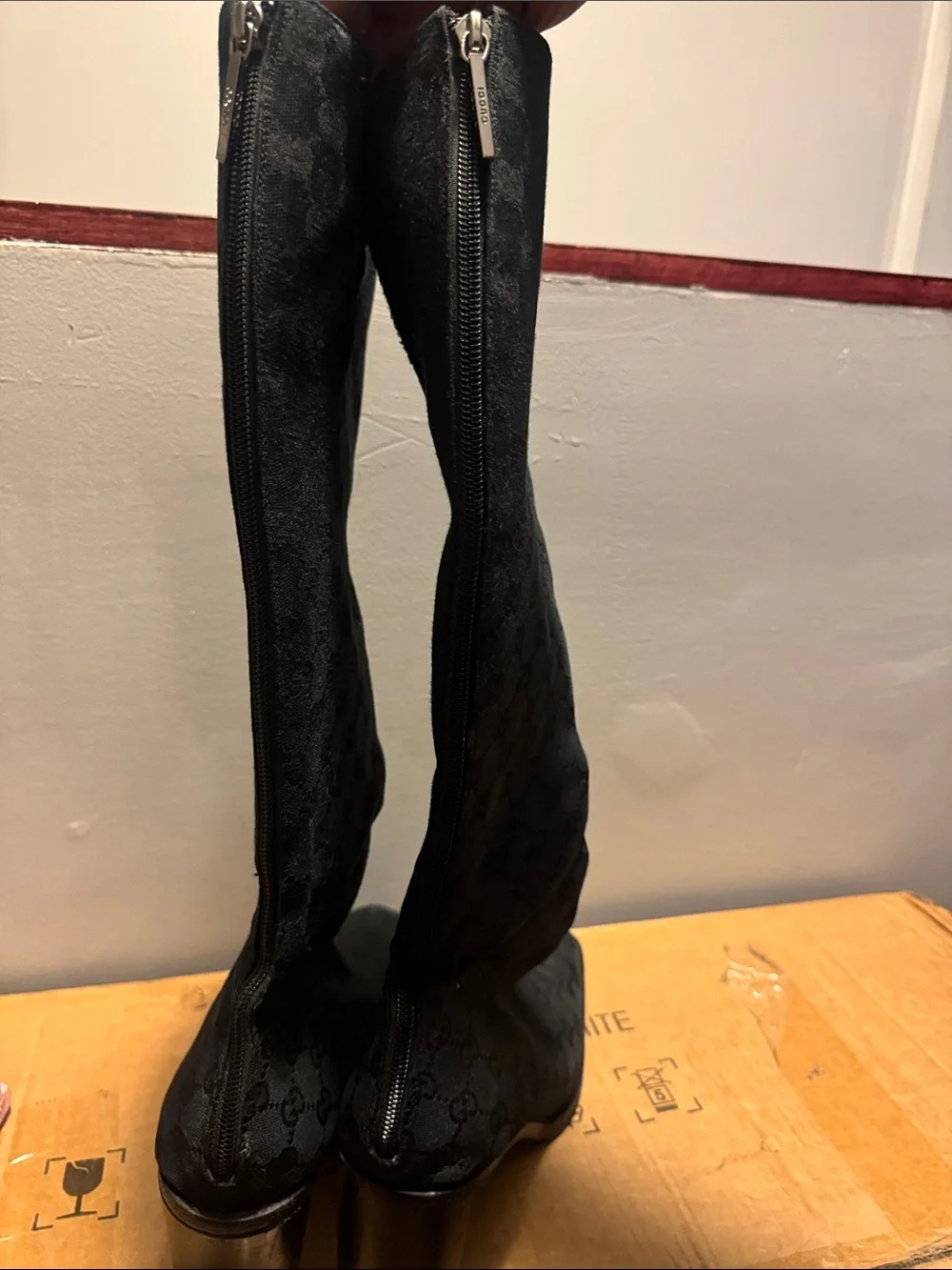 Gucci Black GG Monogram Over-the-Knee Boots with Block Heel
